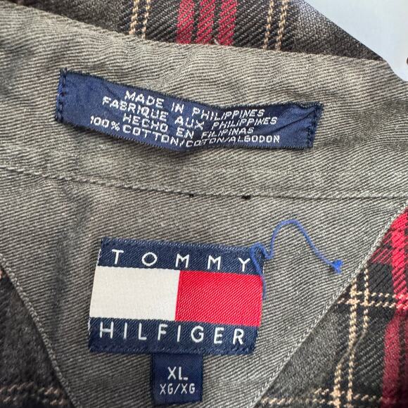 Tommy Hilfiger Shirt Mens X Large Red Grey Flannel Button Down Cotton Vintage - Picture 4 of 7